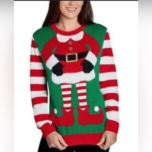 Christmas Elf Ugly Christmas Sweater Costume Helper‎ Knit Fuzzy & Gold Accent M